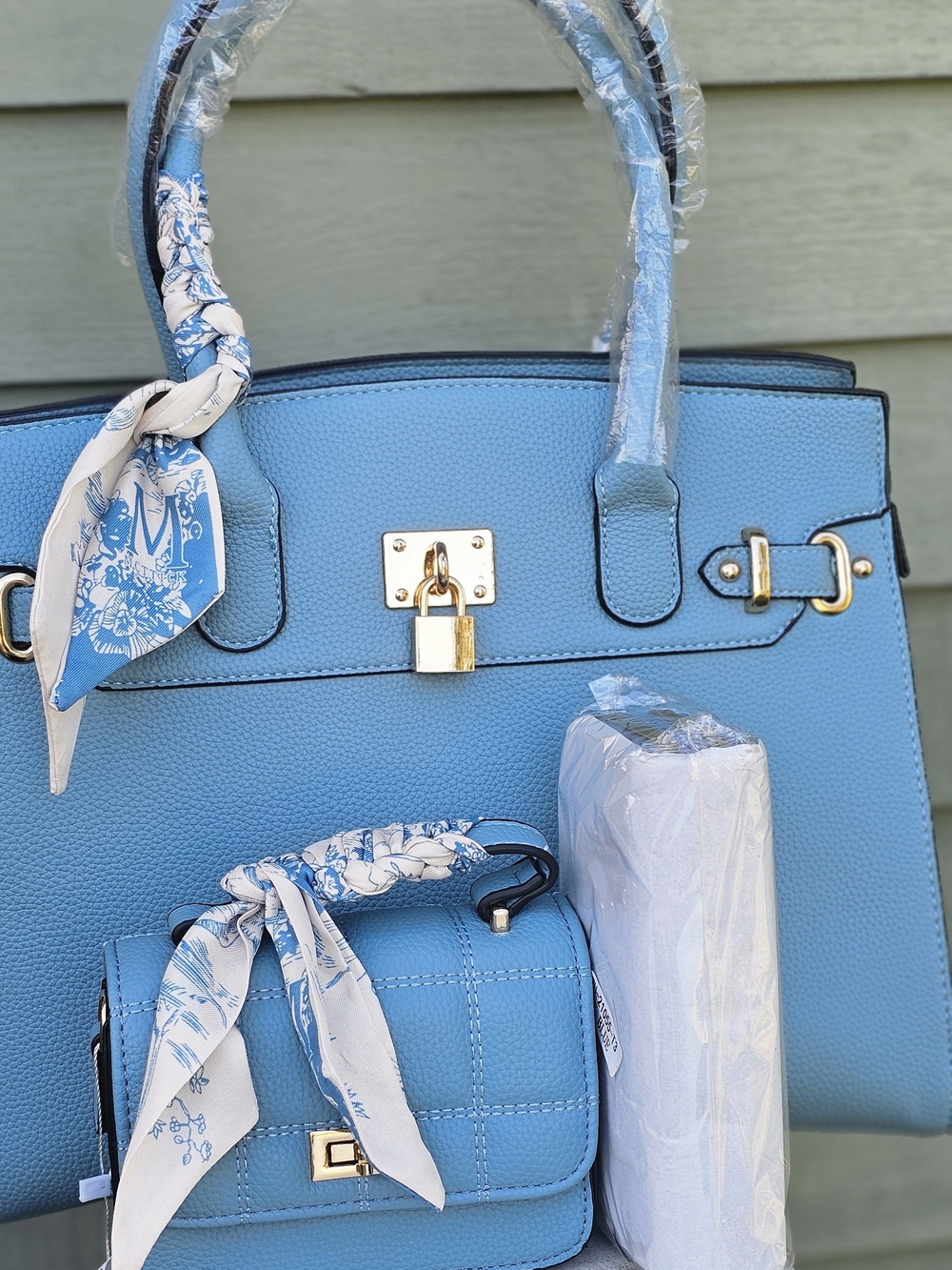 Sky Blue Structured Tote with Matching Crossbody and Scarf Accent